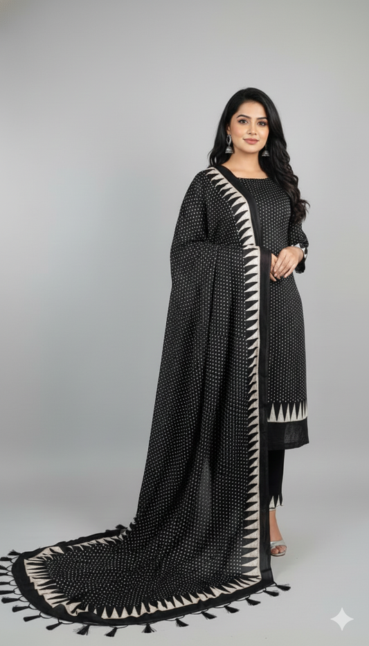 Black Pure Modal Silk Hand Block Printed Kurta Dupatta Set (Unstitched) | Premium Artisan Crafted Dress Material