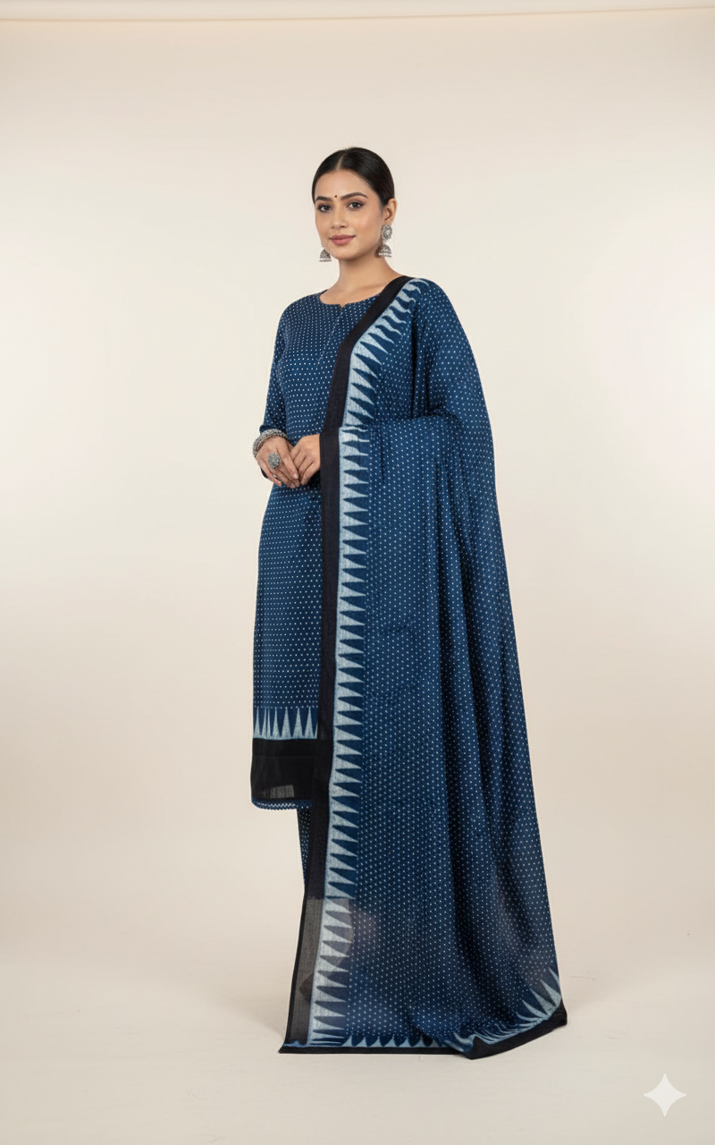 Indigo Pure Modal Silk Hand Block Printed Kurta Dupatta Set (Unstitched) | Premium Artisan Crafted Dress Material
