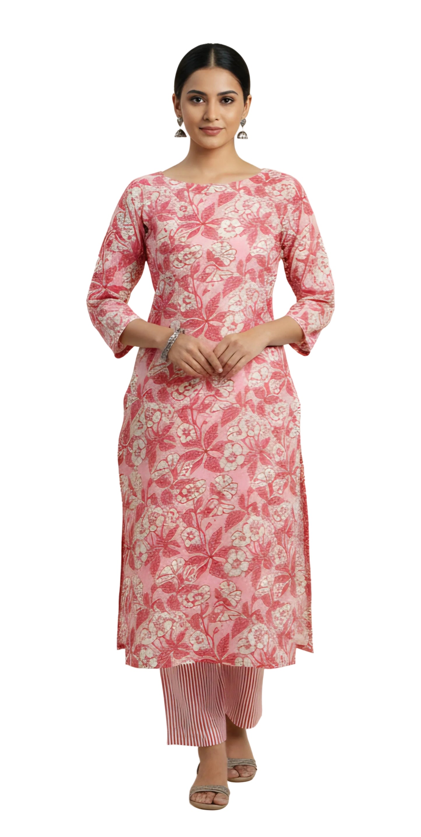 Pink Block Printed Floral Striped Fabric Only BP34