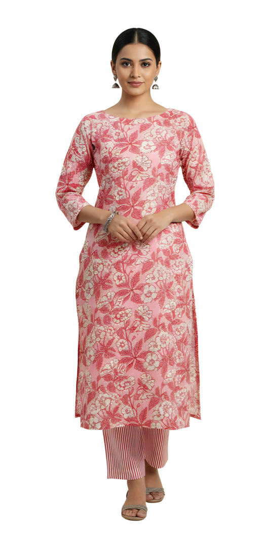 Pink Block Printed Floral Striped Fabric Only BP34