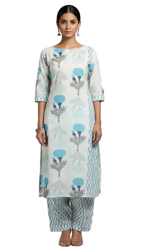 Off White Block Printed Mughal Butta Fabric Only BP32