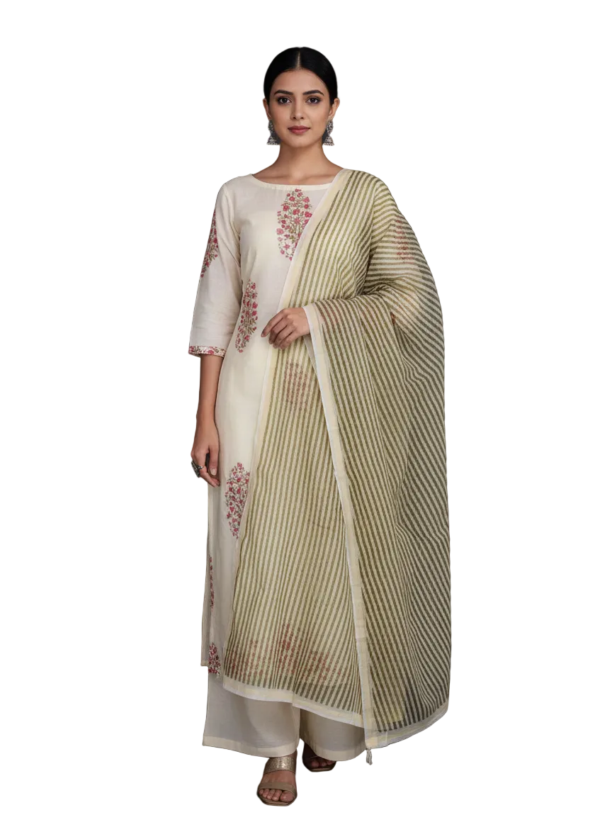 Exclusive Beige Green Block Printed soft Kota Cotton Kurta Dupatta Fabric Set KOTASS19