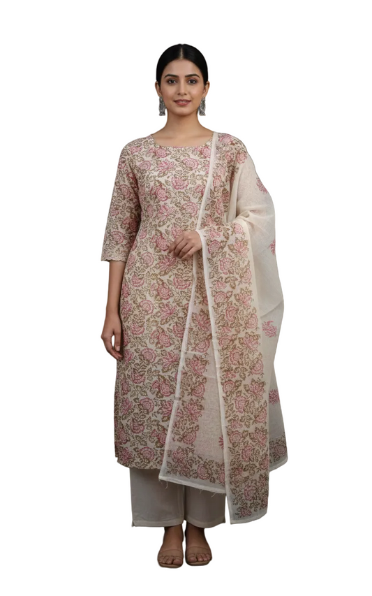 Exclusive Beige Block Printed soft Kota Cotton Kurta Dupatta Fabric Set KOTASS16