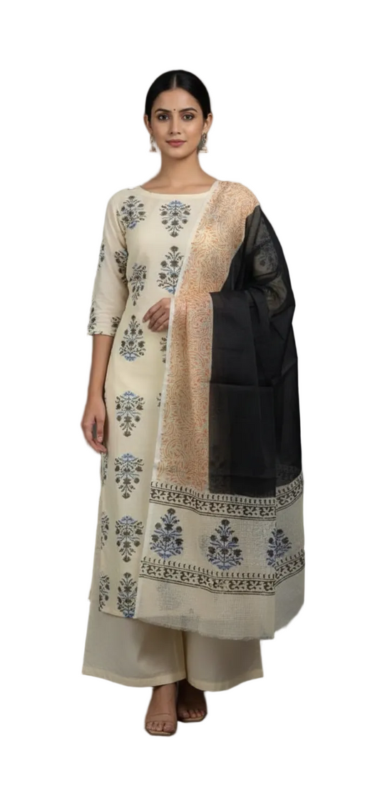 Exclusive Beige Block Printed soft Kota Cotton Kurta Dupatta Fabric Set KOTASS15