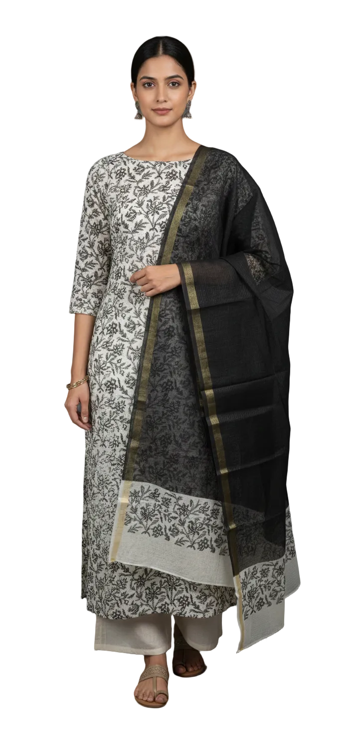 Exclusive Black Block Printed soft Kota Cotton Kurta Dupatta Fabric Set KOTASS10