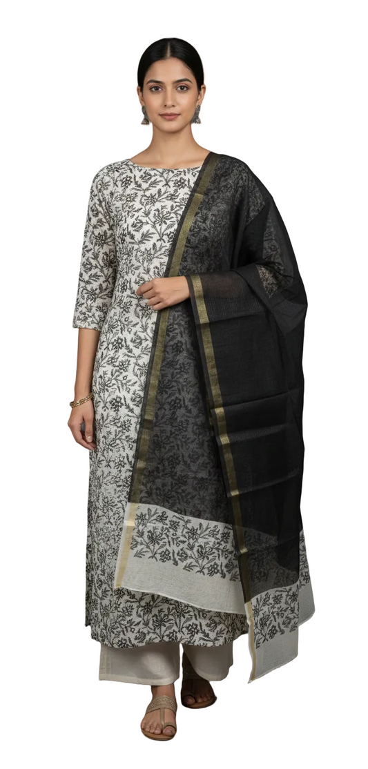 Exclusive Black Block Printed soft Kota Cotton Kurta Dupatta Fabric Set KOTASS10