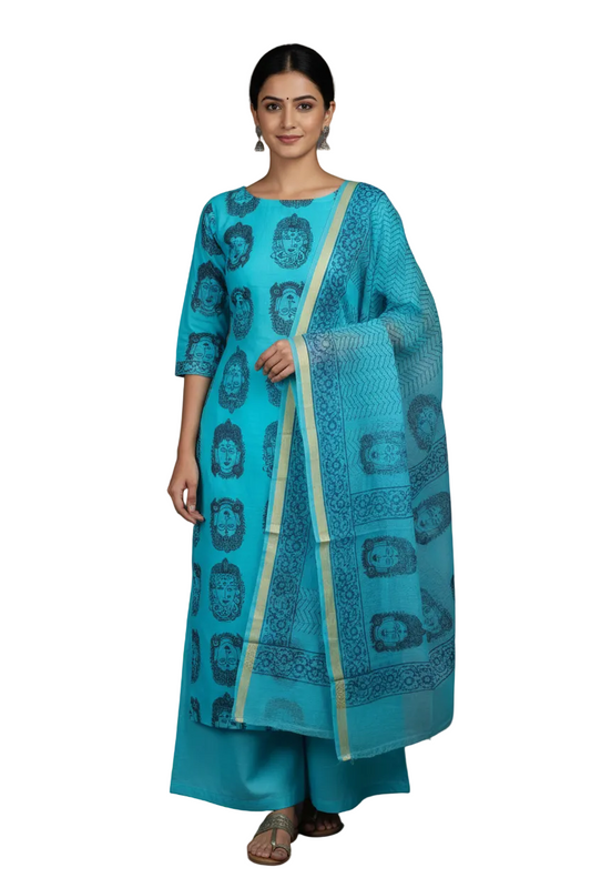 Exclusive Firozi Blue Block Printed soft Kota Cotton Kurta Dupatta Fabric Set KOTASS09