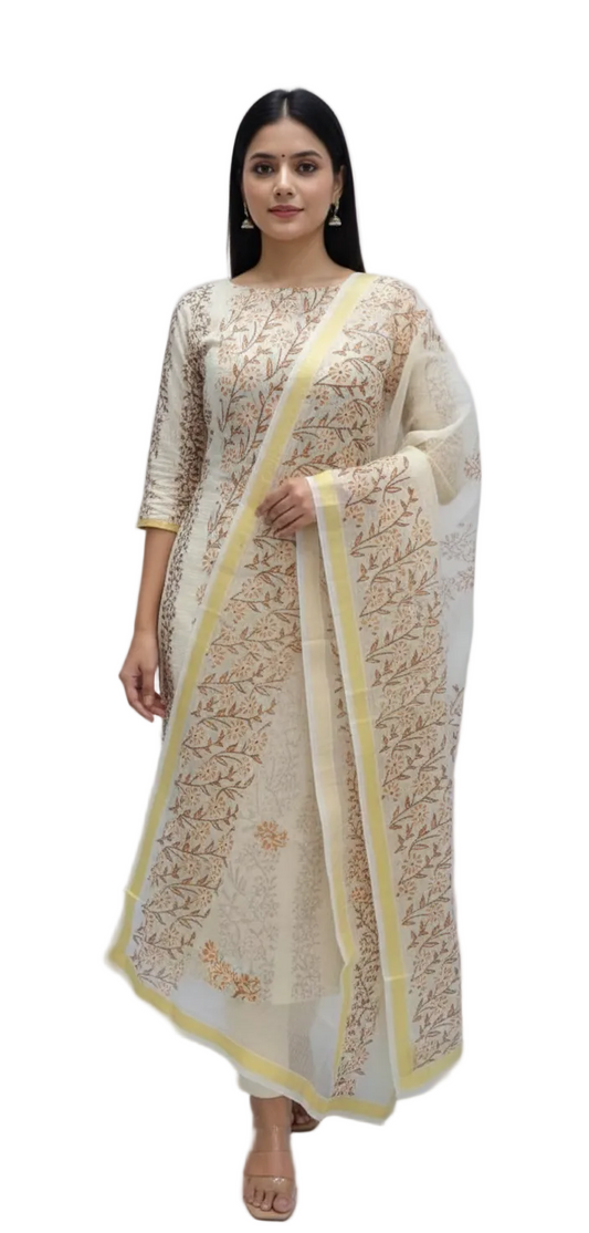 Exclusive Cream Block Printed soft Kota Cotton Kurta Dupatta Fabric Set KOTASS04