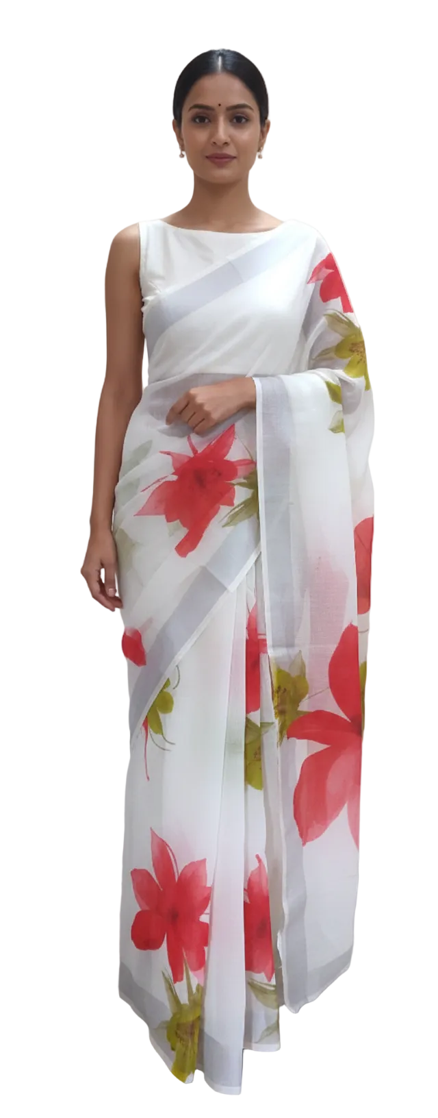 Designer Off White Floral Printed Linen Silk Saree ND05