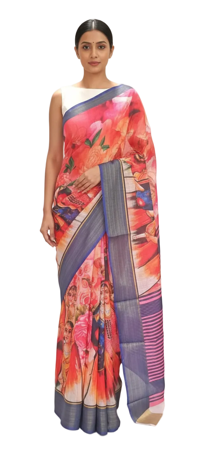 Designer Orange Multi Digital Printed Linen Cotton Saree ND11