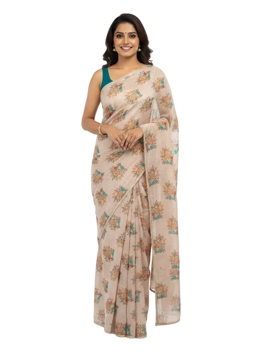 Designer Organza Peach Printed Pearl Lacer Saree SP32