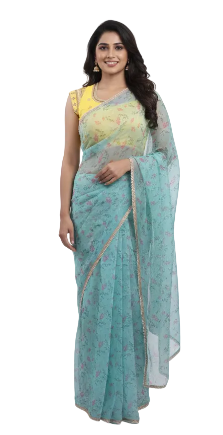 Designer Organza Turquoise Green Printed Pearl Lacer Saree SP31