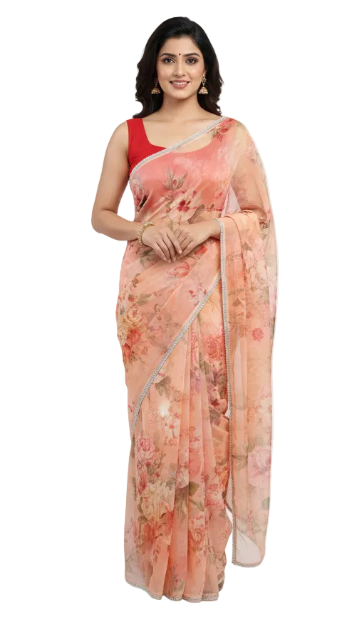 Designer Peach Organza Printed Pearl Lacer Saree SP27