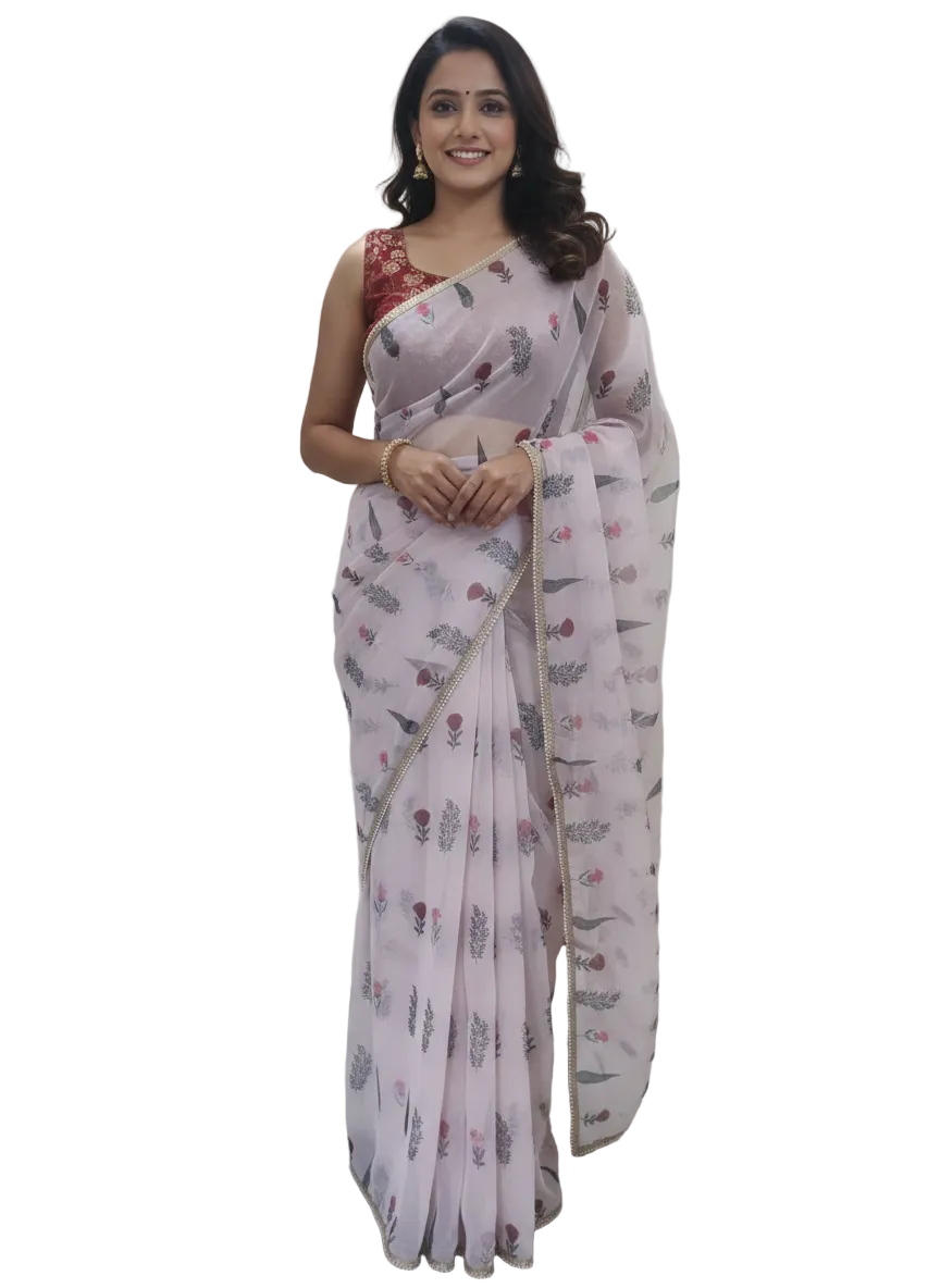 Designer Peachy Pink Organza Printed Pearl Lacer Saree SP26