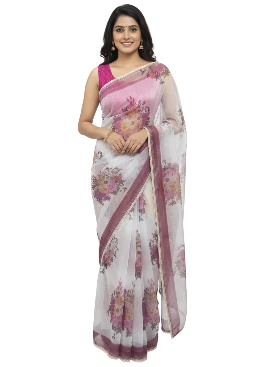 Designer Organza Onion Pink Printed Pearl Lacer Saree SP30