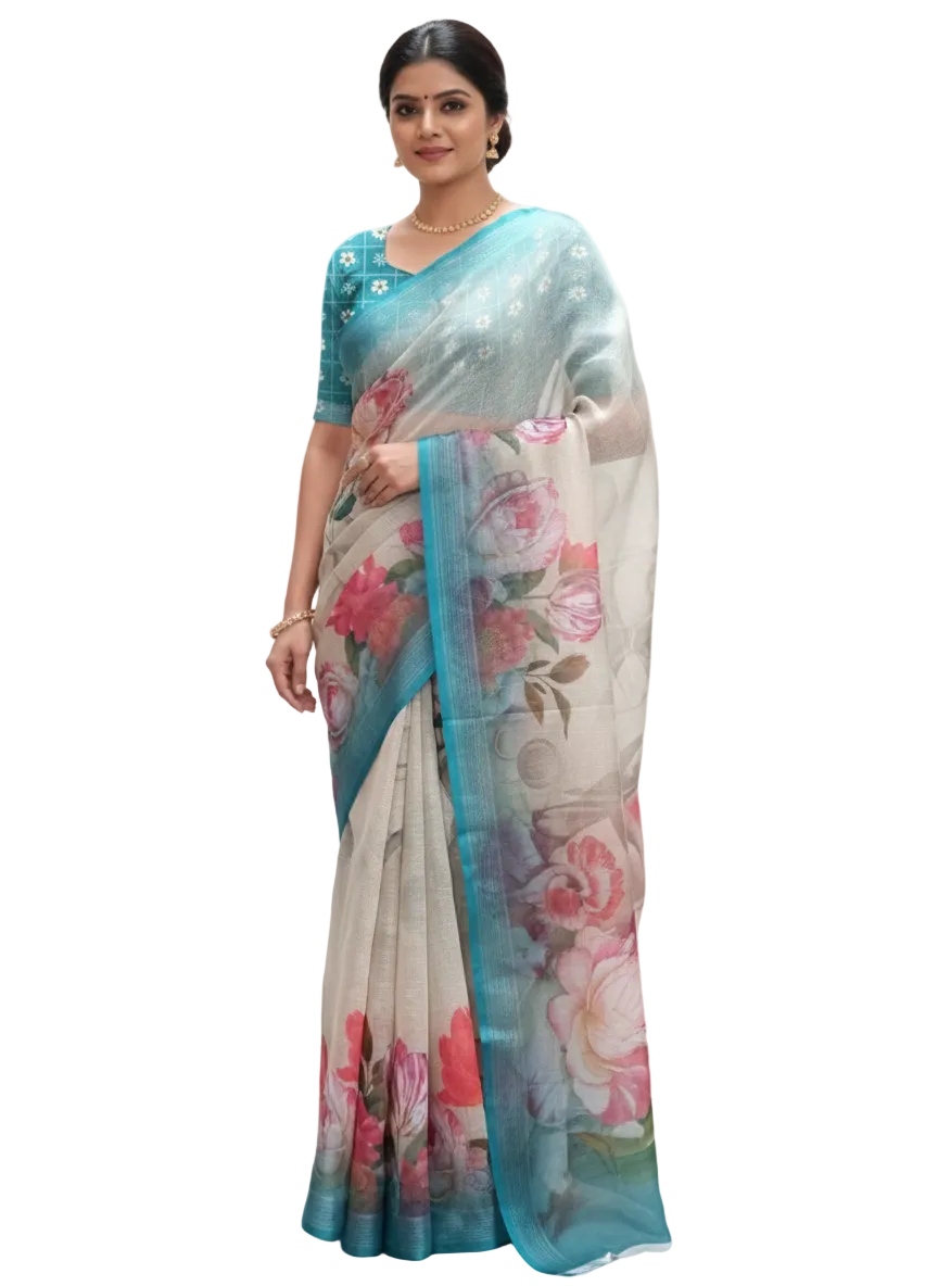 Designer Beige Floral Printed Linen Silk Saree ND07