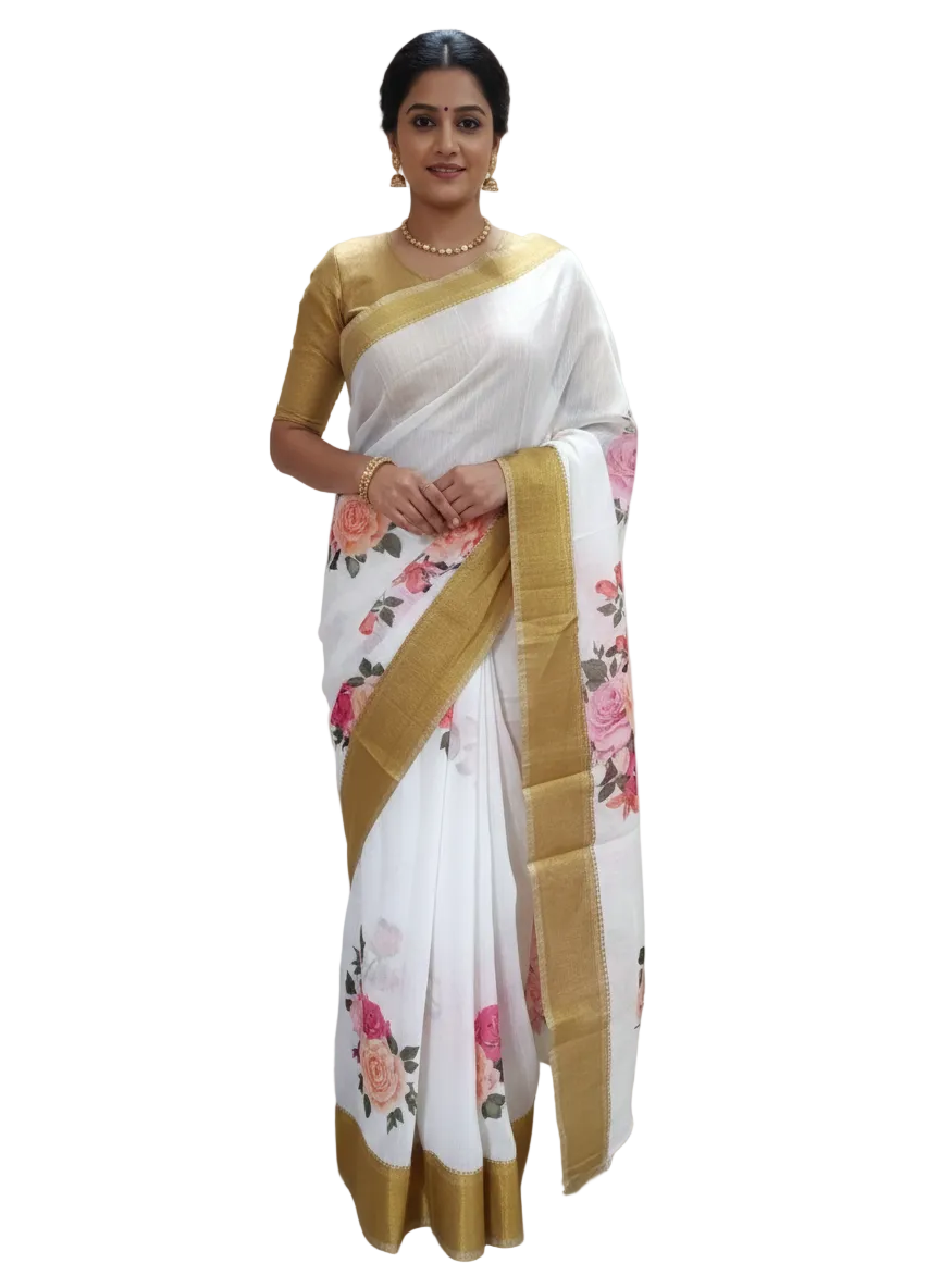 Designer Off white Floral Printed Linen Silk Saree ND03
