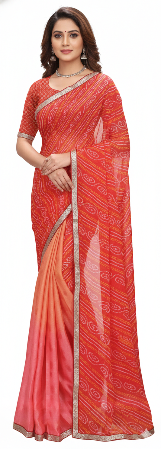 Designer Carrot Pink Printed Bandhej Bandhani Embellished Saree SP15