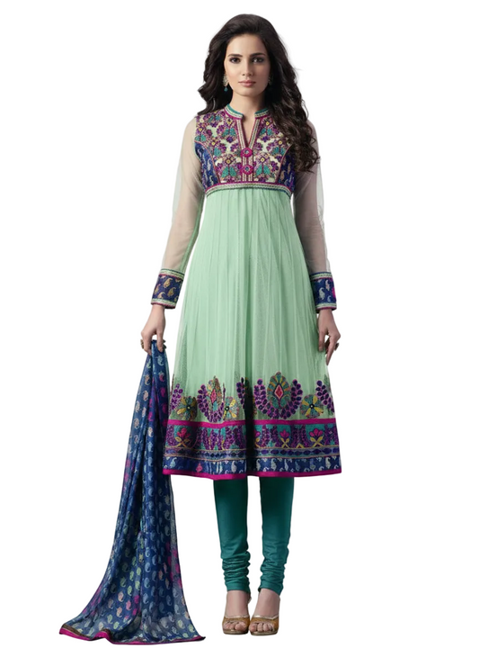 Light Green Embroidered Net Crepe Stitched  Salwar kameez Churidar SC610