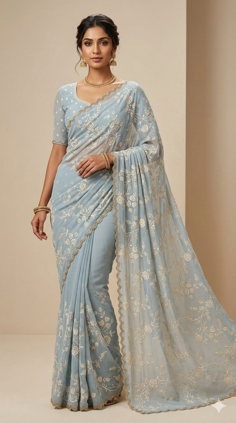 Light Blue Semi Georgette Embroidered saree