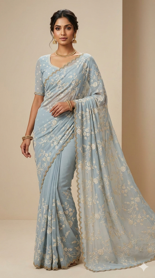 Light Blue Semi Georgette Embroidered saree
