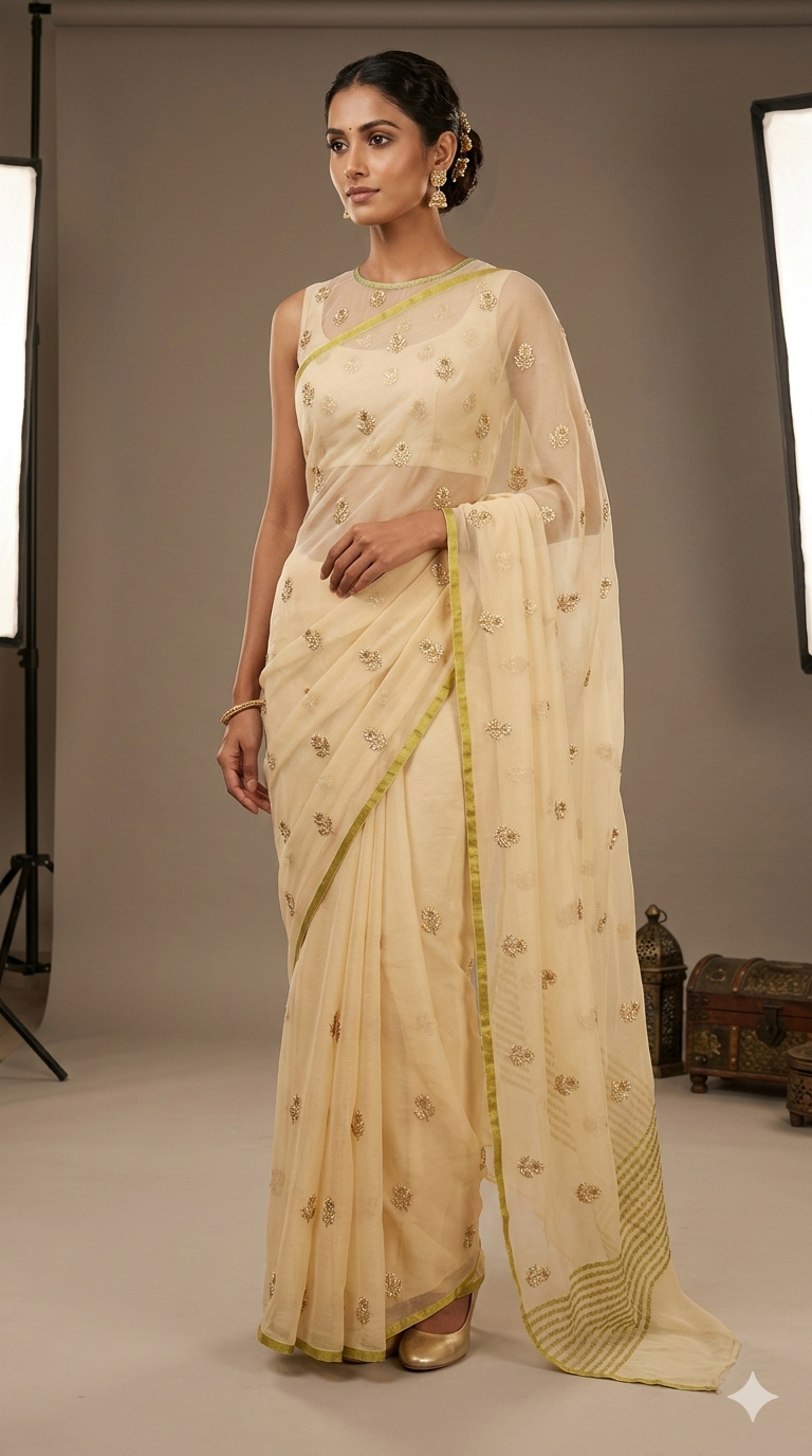 Deep Beige Chiffon Embroidered saree