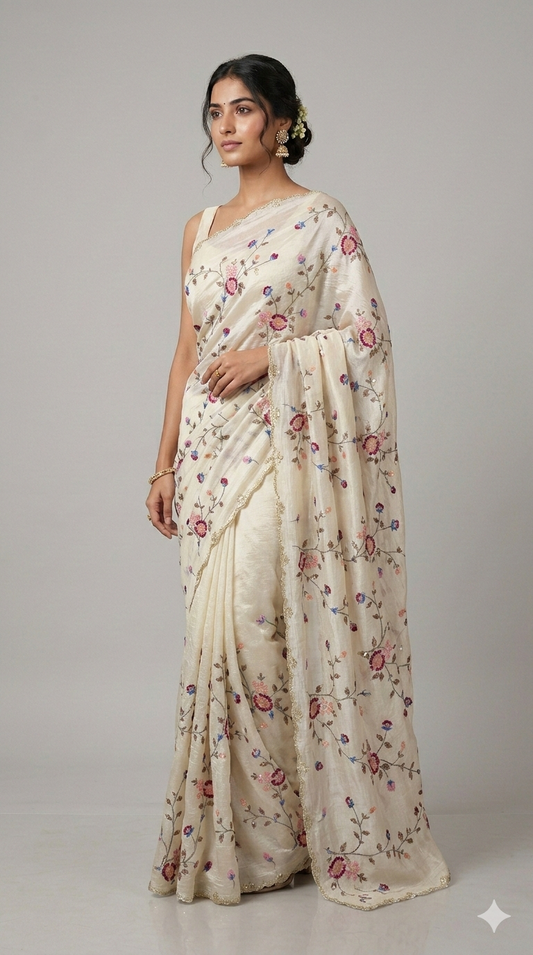 Off White Floral Embroidery Tissue Silk Saree