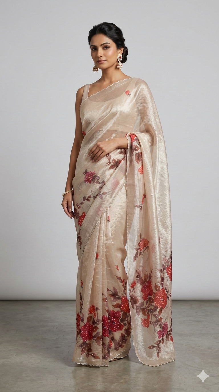 Beige Printed highlight and Cutdana work Tissue Silk Saree