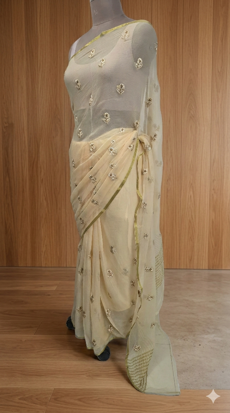 Deep Beige Chiffon Embroidered saree