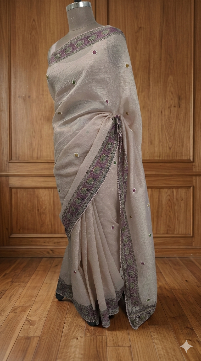 Light Pink Crush Tissue Madhubani printed embroidery Saree