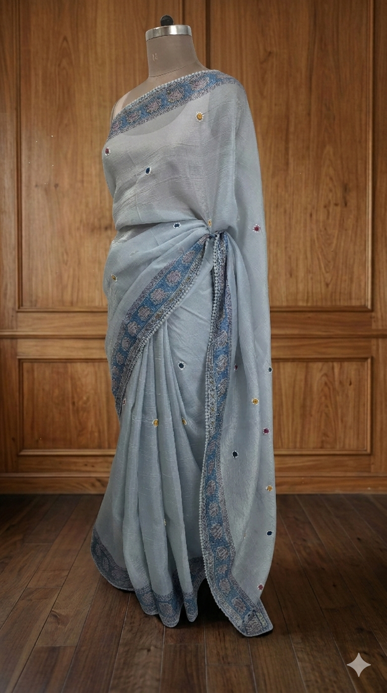 Light Blue Crush Tissue Madhubani printed embroidery Saree