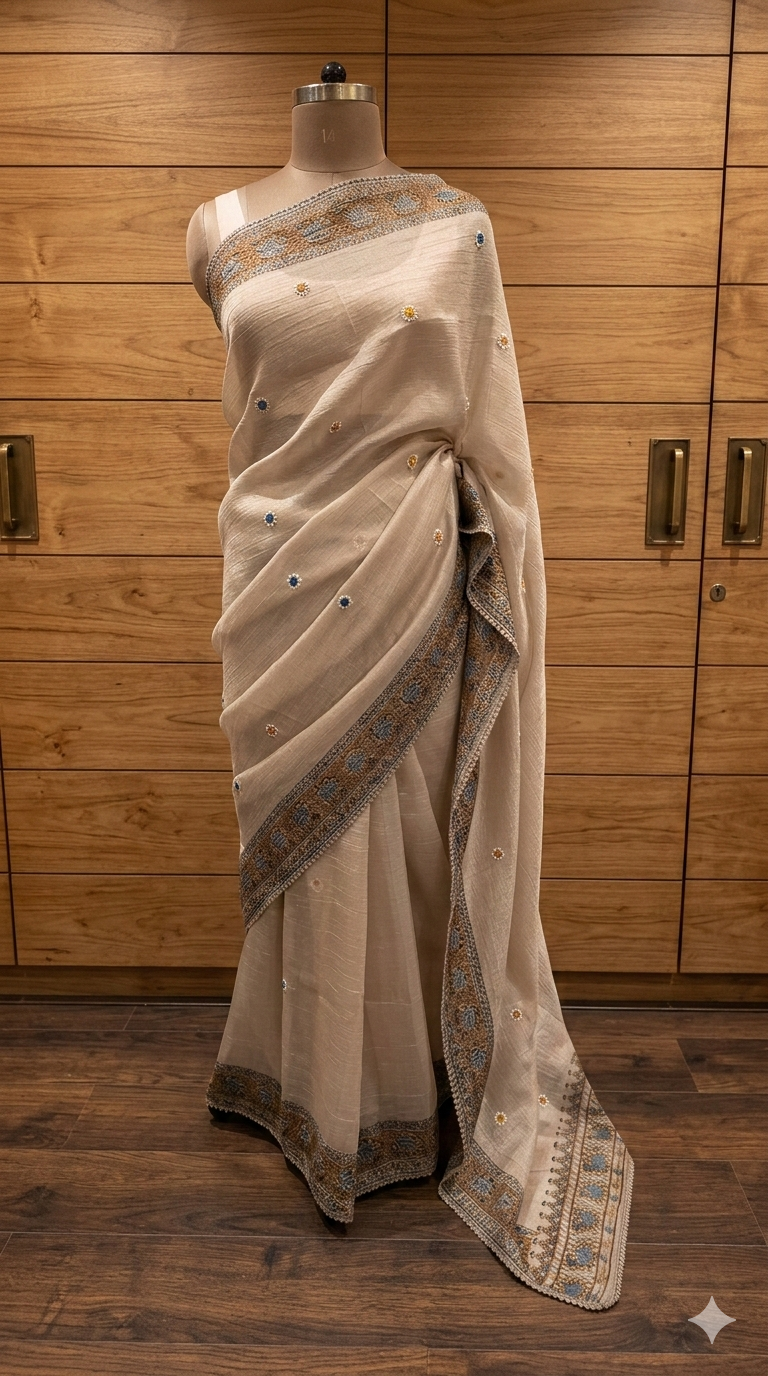 Chikoo Crush Tissue Madhubani printed embroidery Saree