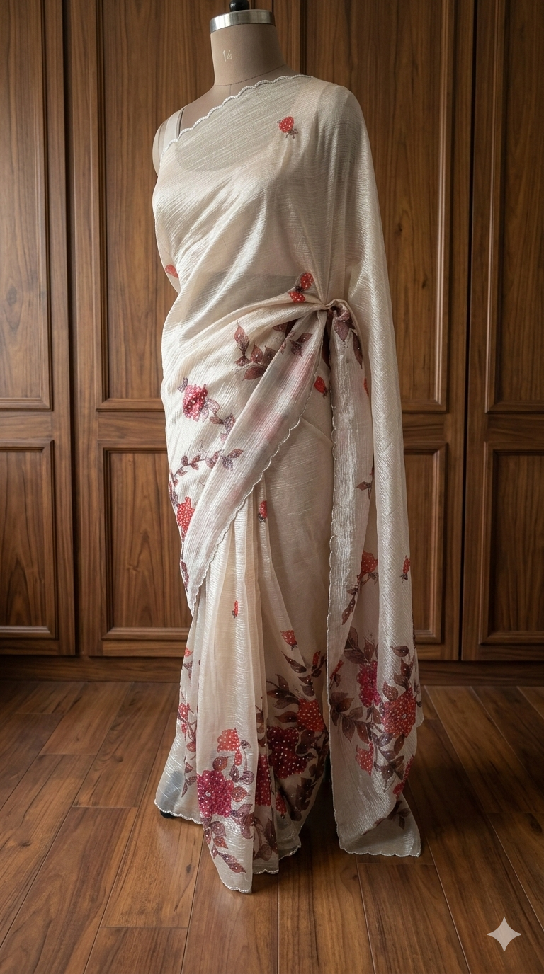 Beige Printed highlight and Cutdana work Tissue Silk Saree