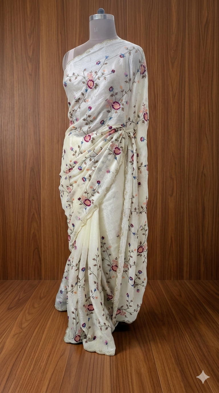 Off White Floral Embroidery Tissue Silk Saree