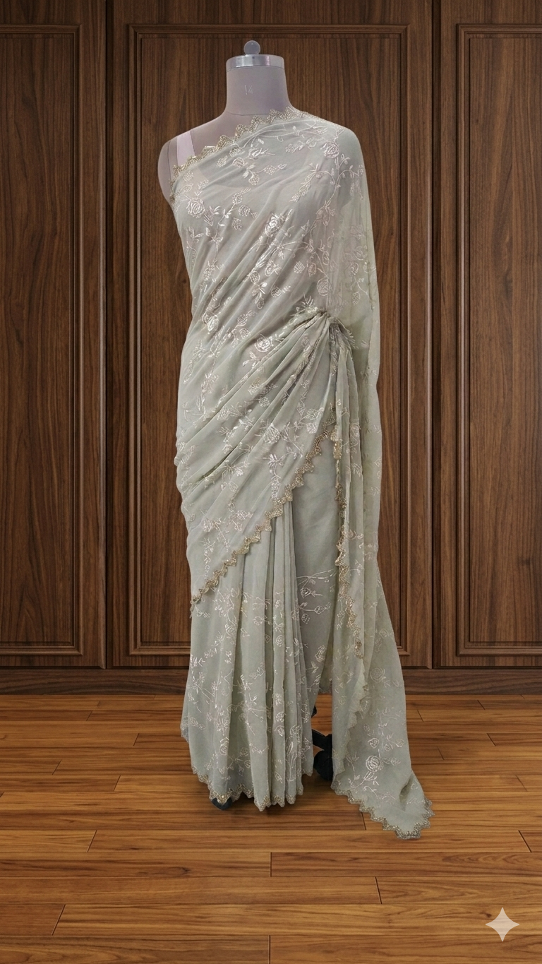 Pastel Green Semi Georgette Embroidered saree