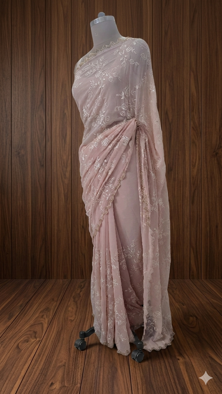 Pastel Pink Semi Georgette Embroidered saree