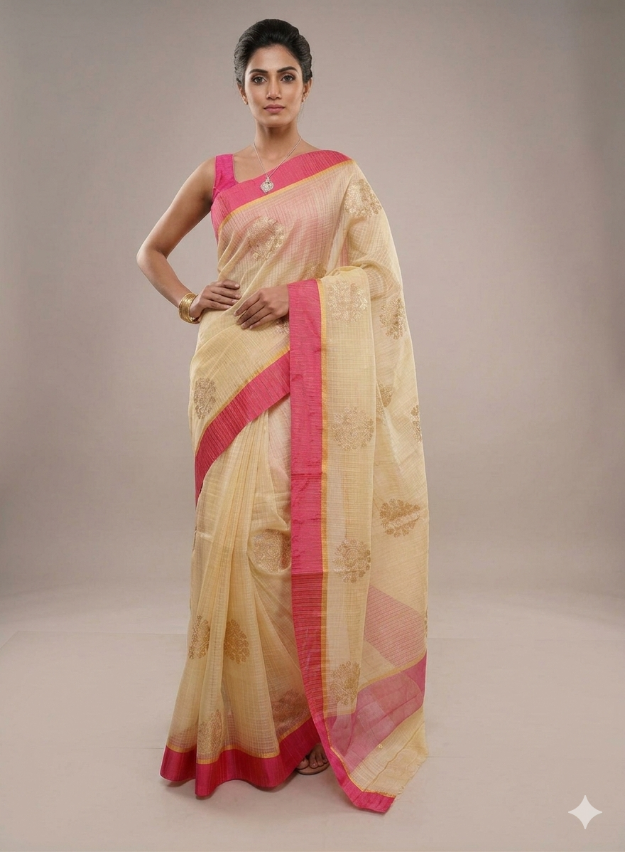 Designer Beige Kota Cotton Embroidered Saree KCS103