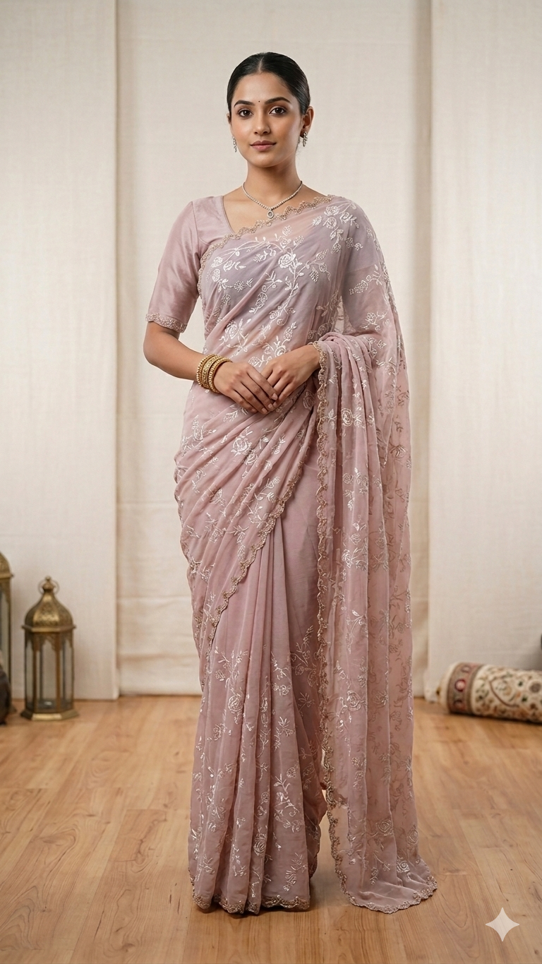 Pastel Pink Semi Georgette Embroidered saree