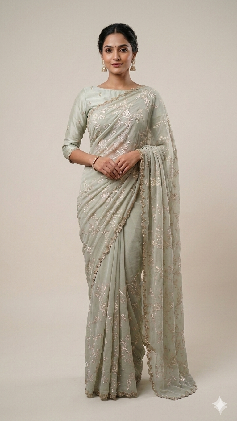 Pastel Green Semi Georgette Embroidered saree