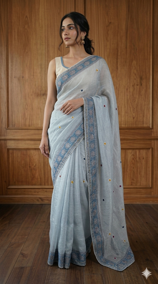 Light Blue Crush Tissue Madhubani printed embroidery Saree