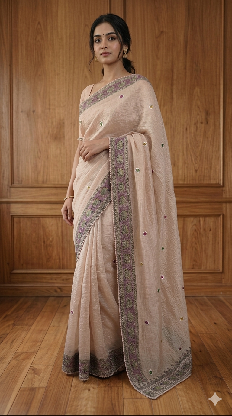 Light Pink Crush Tissue Madhubani printed embroidery Saree