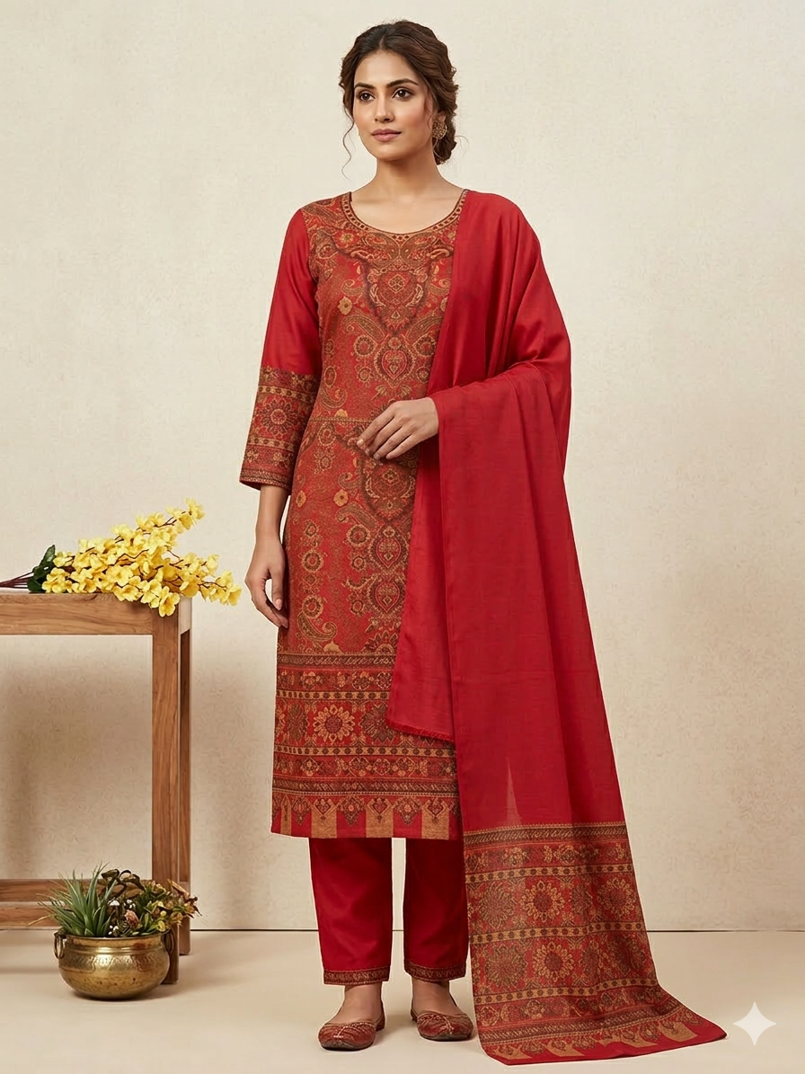 Red Fine Pashmina Kani Weave Salwar Kameez Dress Material SH15