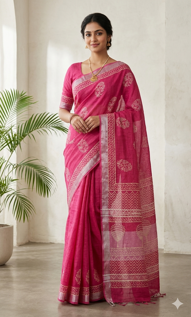 Exclusive Pink Slub Cotton Linen Hand Block Printed Saree AASL05