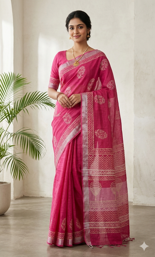 Exclusive Pink Slub Cotton Linen Hand Block Printed Saree AASL05