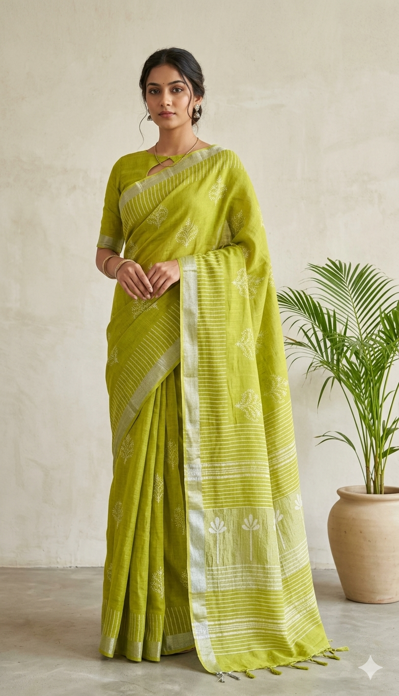 Exclusive Green Slub Cotton Linen Hand Block Printed Saree AASL08
