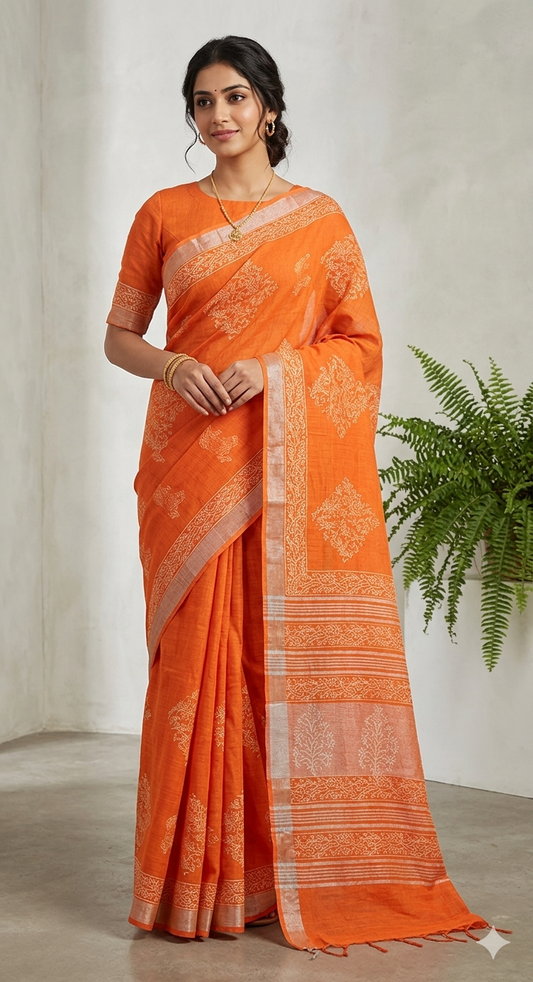 Exclusive Orange Slub Cotton Linen Hand Block Printed Saree AASL11