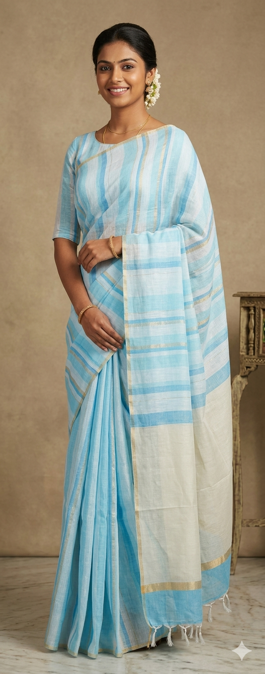 Designer Light Blue Striped Linen Cotton Saree ND12