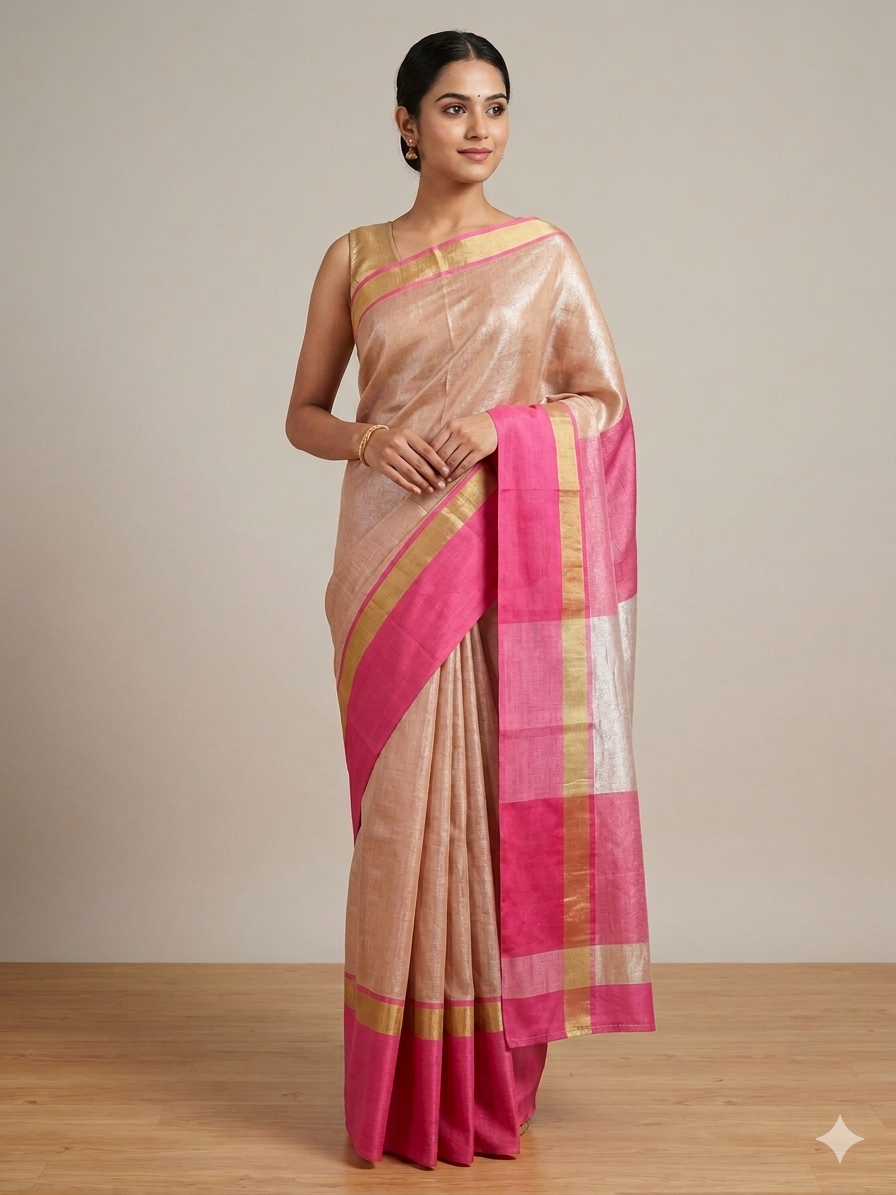 <transcy>Saree en lin et coton à bordure dorée BLS10</transcy>