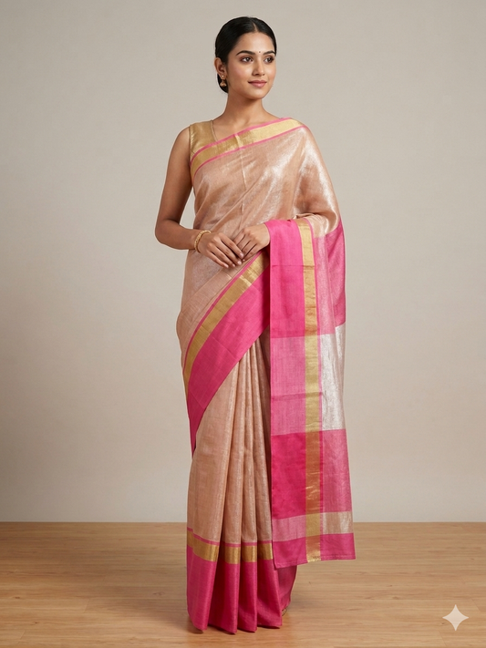 Gold Border Coffee Tissue Linen Saree BLS10