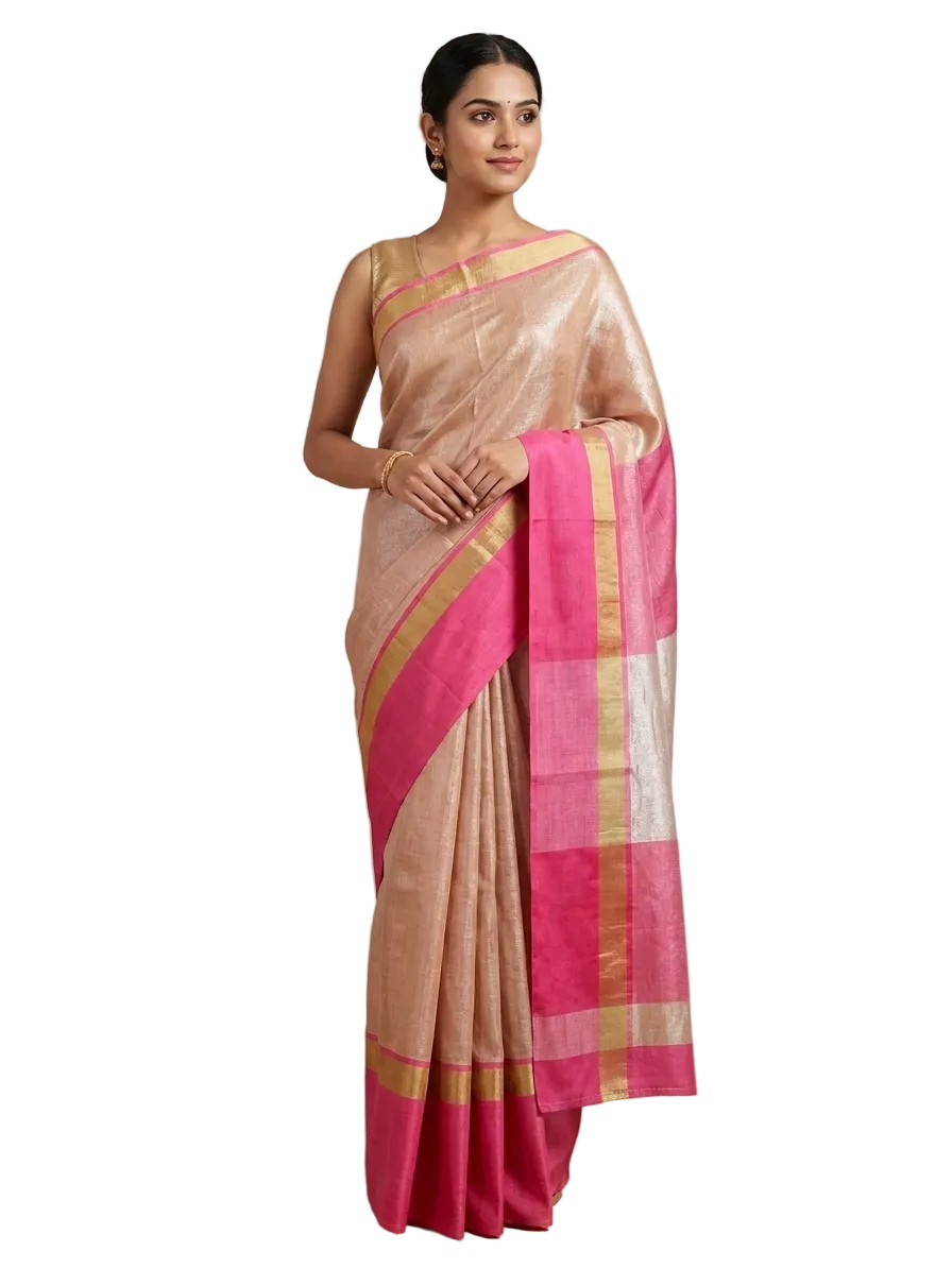 <transcy>Saree en lin et coton à bordure dorée BLS10</transcy>